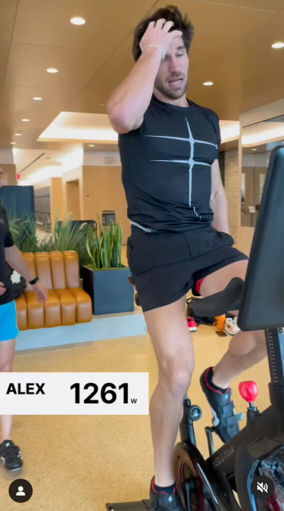 Alex Karwoski hitting 1261 watts on the Peloton Bike. Image credit Peloton social media.